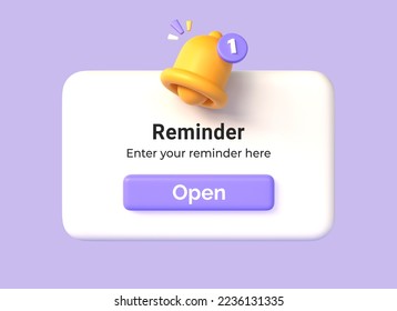 3d notification box with yellow bell and open button in cartoon style. concept of reminder or business planning event. illustration isolated on purple background. 3d rendering - Powered by Shutterstock