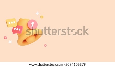 3D Notification message bell. One reminder notification. Banner template with empty copy space for promotion. Subscribe concept in cartoon design. 3D Rendering