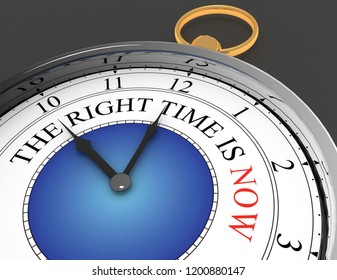 3D now the right time concept clock closeup. 3d illustration