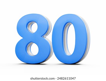 3D Number 80 Eighty Made Of Blue Body With Silver Outline On White Background 3D Illustration