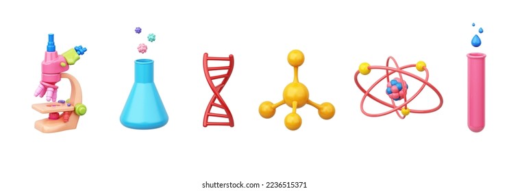 3D object model set is microscope, beaker, DNA Helix, molecule, atom, test tube for experiments and equipment in science, medical, learning creative. style cartoon kid. clipping path. 3D Illustration. - Powered by Shutterstock