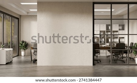 3D Office interior with blank wall and meeting room, Minimal corporate workspace with empty poster mockup.