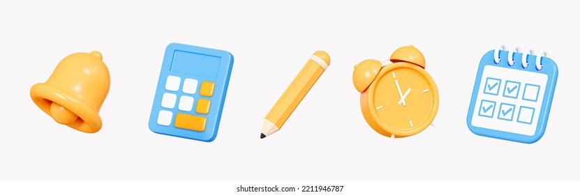 3D Office stationary tools set icon  School education concept  Business work object  Bell  calculator  pen  clock   calendar  Cartoon creative design icon isolated white background  3D Rendering