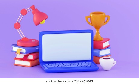3d online book Laptop with stack books Education concept Online learning Safe connection, study Reading and buying books online Web library Minimal three-dimensional 3D rendering illustration