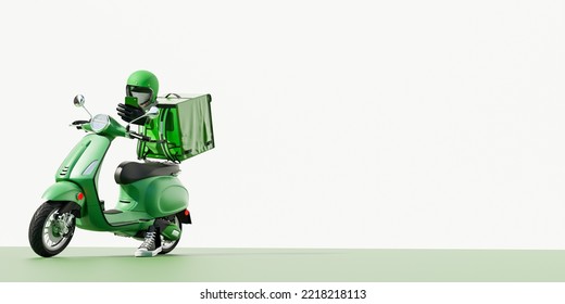 3D Online Food Order And Food Delivery Service.carrier On Freight Scooter And Delivery Bag,Green And White Color Background.Food Delivery Green Moto Scooter Driver With Green Backpack And Delivery Box