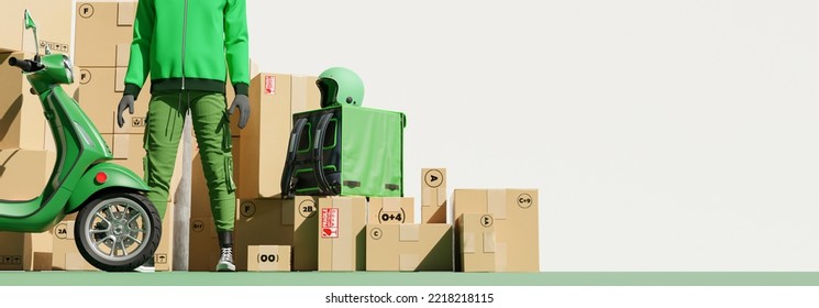 3D Online Food Order And Food Delivery Service.carrier On Freight Scooter And Delivery Bag,Green And White Color Background.Food Delivery Green Moto Scooter Driver With Green Backpack And Delivery Box