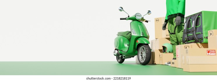 3D Online Food Order And Food Delivery Service.carrier On Freight Scooter And Delivery Bag,Green And White Color Background.Food Delivery Green Moto Scooter Driver With Green Backpack And Delivery Box