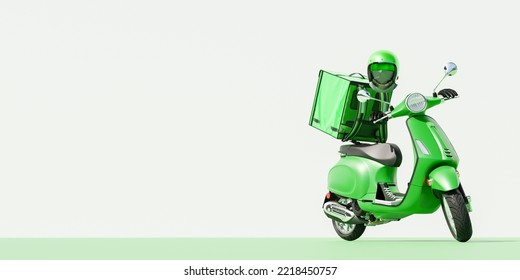 3D Online Food Order And Food Delivery Service.carrier On Freight Scooter And Delivery Bag,Green And White Color Background.Food Delivery Green Moto Scooter Driver With Green Backpack And Delivery Box