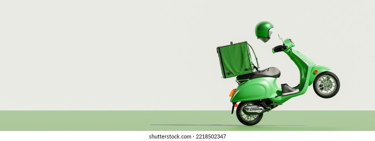 3D Online food order and food delivery service.carrier on freight scooter and delivery bag,Green and white color background.Food delivery Green moto scooter driver with Green backpack and delivery box - Powered by Shutterstock