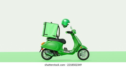 3D Online Food Order And Food Delivery Service.carrier On Freight Scooter And Delivery Bag,Green And White Color Background.Food Delivery Green Moto Scooter Driver With Green Backpack And Delivery Box