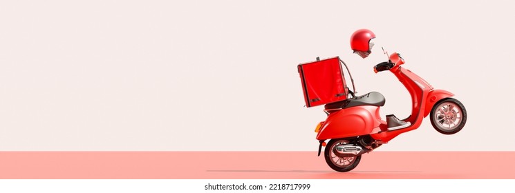 3D Online Food Order And Food Delivery Service.carrier On Freight Scooter And Delivery Bag,red And White Color Background.Food Delivery Red Moto Scooter Driver With Red Backpack And Delivery Box