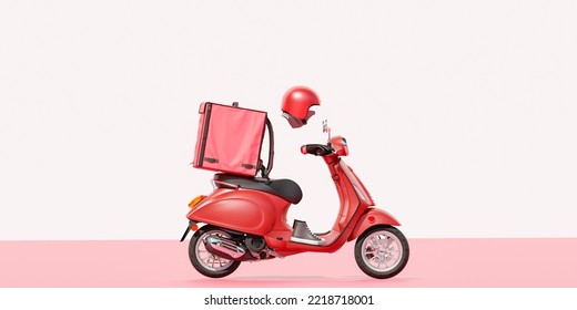 3D Online Food Order And Food Delivery Service.carrier On Freight Scooter And Delivery Bag,red And White Color Background.Food Delivery Red Moto Scooter Driver With Red Backpack And Delivery Box