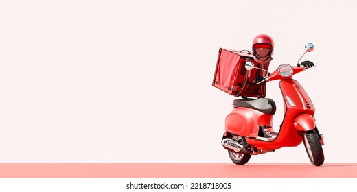 3D Online Food Order And Food Delivery Service.carrier On Freight Scooter And Delivery Bag,red And White Color Background.Food Delivery Red Moto Scooter Driver With Red Backpack And Delivery Box