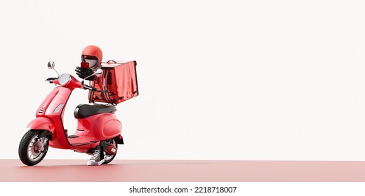 3D Online Food Order And Food Delivery Service.carrier On Freight Scooter And Delivery Bag,red And White Color Background.Food Delivery Red Moto Scooter Driver With Red Backpack And Delivery Box