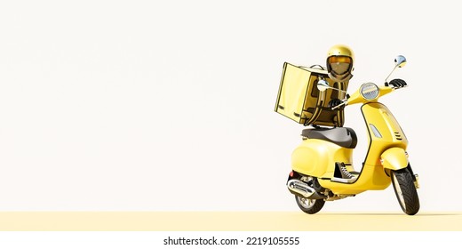 3D Online Food Order And Food Delivery Service.carrier On Freight Scooter And Delivery Bag,Yellow And White Color Background.Food Delivery Yellow Moto Scooter Driver With Red Backpack And Delivery Box