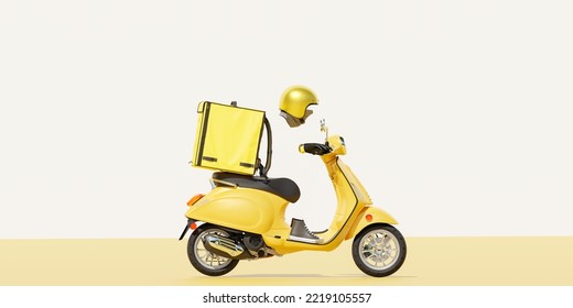 3D Online Food Order And Food Delivery Service.carrier On Freight Scooter And Delivery Bag,Yellow And White Color Background.Food Delivery Yellow Moto Scooter Driver With Red Backpack And Delivery Box