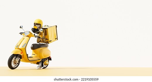 3D Online Food Order And Food Delivery Service.carrier On Freight Scooter And Delivery Bag,Yellow And White Color Background.Food Delivery Yellow Moto Scooter Driver With Red Backpack And Delivery Box