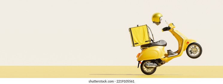 3D Online Food Order And Food Delivery Service.carrier On Freight Scooter And Delivery Bag,Yellow And White Color Background.Food Delivery Yellow Moto Scooter Driver With Red Backpack And Delivery Box