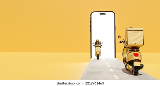 3D Online Food Order And Food Delivery Service.carrier On Freight Scooter And Delivery Bag,Yellow And White Color Background.Food Delivery Yellow Moto Scooter Driver With Red Backpack And Delivery Box