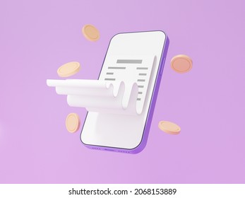 3D Online Payments Bill And Coins Floating On Purple Background Pay Money Via App Mobile Internet Banking, Exchange Transfer Concept. Minimal Cartoon. 3d Render Illustration