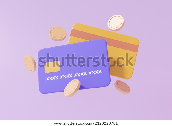 3D online payments credit\
or debit card concept. money transfer. Financial transactions.\
coins floating on purple background minimal style, 3d render.\
illustration