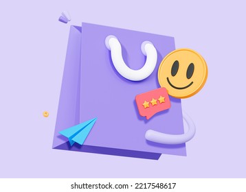 3D Online Shopping Concept. Purchase In Gift Bag. Digital Marketing And Promotion. E-commerce In Social Media And Network. Cartoon Creative Design Icon Isolated On Purple Background. 3D Rendering