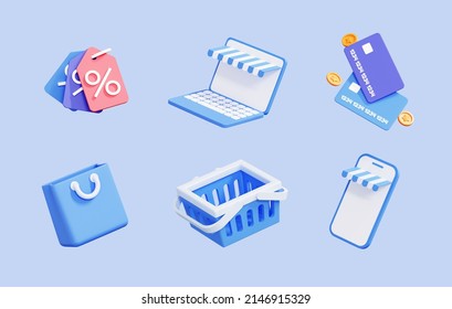 3D Online Shopping Icon Set. Discount Coupon, Laptop, Credit Card, Shopping Bag, Basket And Mobile Phone. Sale And Purchase Concept. Creative Cartoon Design Collection Isolated On Blue. 3D Rendering