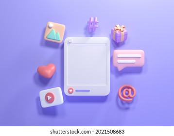 3D Online Social Media Communication Platform Concept. Photo Frame With Emoji, Comment, Love, Like And Play Icons. 3d Render Illustration