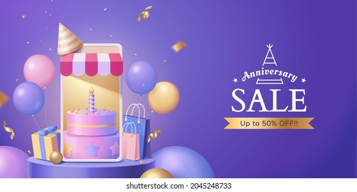 3d Online Store Anniversary Sale Banner. Pink Cake Displayed On Phone Screen With Gift Box, Shopping Bags, Colorful Balloons And Confetti Around.