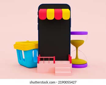 3d Online Store Mockup. Giveaway Special Discount Template. Online Marketing Template. Blank Screen Smartphone With Shopping Cart And Hourglass. 3d Rendering Illustration.