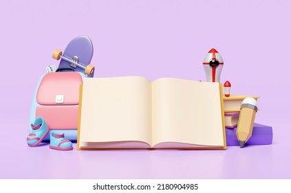 3d Open Book, Back To School With Green Blackboard, Backpack, Textbook, Sneakers, Shoes, School Bag, Pencil, Rocket Icon Isolated On Purple Background. Education Concept, 3d Render Illustration