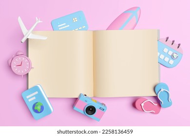 3d open book with calendar, airplane, marked date, passport isolated on pink background. schedule appointment, summer travel, itinerary, booking concept, 3d render illustration, clipping path - Powered by Shutterstock