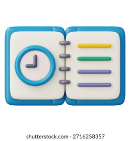 3d open book with clock planner for knowledge management and learning time tracking