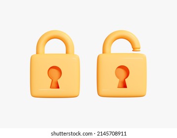 3D Open And Closed Lock. Locked Golden Padlock. Security And Safety. Privacy Concept. Creative Icon For Game And Web Design. Set Cartoon Icon Isolated On White Background. 3D Rendering