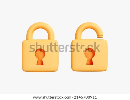 3D Open and closed Lock. Locked golden Padlock. Security and safety. Privacy concept. Creative icon for game and web design. Set cartoon icon isolated on white background. 3D Rendering