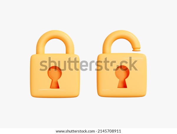 3D Open\
and closed Lock. Locked golden Padlock. Security and safety.\
Privacy concept. Creative icon for game and web design. Set cartoon\
icon isolated on white background. 3D\
Rendering