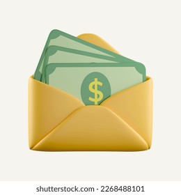 3D Open Envelope with Money inside. Letter with green paper dollar. Cash savings concept. Sending money by mail. icon isolated on white background. 3d rendering illustration. Clipping path.