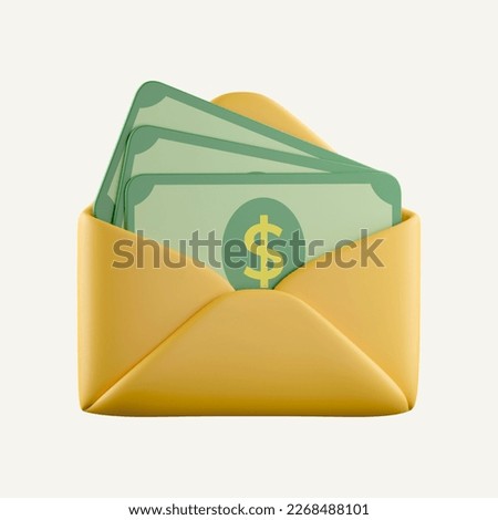 3D Open Envelope with Money inside. Letter with green paper dollar. Cash savings concept. Sending money by mail. icon isolated on white background. 3d rendering illustration. Clipping path.
