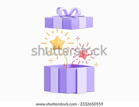 3D Open Gift box with explosion Fireworks. Birthday surprise inside. Prize with confetti. Celebration present. Magic bonus. Cartoon creative design icon isolated on white background. 3D Rendering
