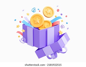 3D Open Gift Box With Floating Gold Coin And Serpentine Ribbon. Cash Surprise Box. Money Prize Reward. Loyalty Program Concept. Cartoon Creative Design Icon Isolated On White Background. 3D Rendering