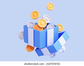 3D Open Gift box with gold and silver coins. Cash surprise box. Money prize reward. Casino or Online game winner. Loyalty program concept. Cartoon design icon isolated on blue background. 3D Rendering