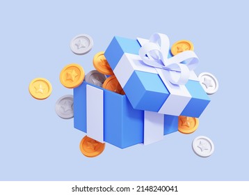 3D Open Gift box with gold and silver coins. Cash surprise box. Money prize reward. Casino or Online game winner. Loyalty program concept. Cartoon design icon isolated on blue background. 3D Rendering