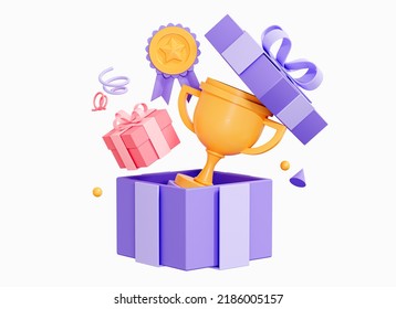 3D Open Gift Box With Trophy Cup And Award Medal Ribbon. Winner With Prize And Golden Cup. Business Success Concept. Game Win. Cartoon Creative Design Icon Isolated On White Background. 3D Rendering