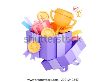 3D Open Gift box with Trophy cup, award medal ribbon and coin. Winner prize and money. Business success concept. Sport game win. Cartoon creative design icon isolated on white background. 3D Rendering