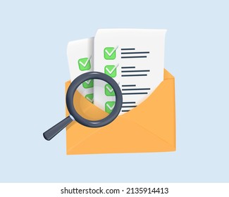 3d Open Mail Envelope Icon With Magnifying Glass Isolated On Background. Render Giving Love Email For Business, To Do List. 3d Realistic. Email Marketing Campaign, Newsletter Marketing. 3D.