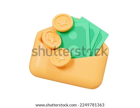 3D Opened envelope with money and floating coins. Cash bonus. Receiving payment or invoice. Salary bill. Send dollar in mail. Cartoon creative design icon isolated on white background. 3D Rendering