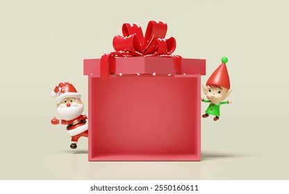 3d opening gift box empty with little elves, santa claus isolated on beige background. merry christmas, festive new year holiday concept, 3d render illustration - Powered by Shutterstock