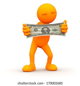 3d Orange Man stretching a 100 dollar bill.