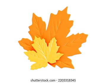 3D Orange and yellow leaves. Autumn maple leaf. Golden fall. Realistic element for banner and poster. Season decoration. Cartoon creative design icon isolated on white background. 3D Rendering - Powered by Shutterstock