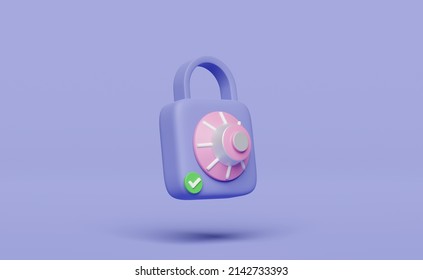 3d Padlock, Key Icon With Password Insecure Isolated On Purple Background. Security Data Protection, Minimal Concept, 3d Render Illustration